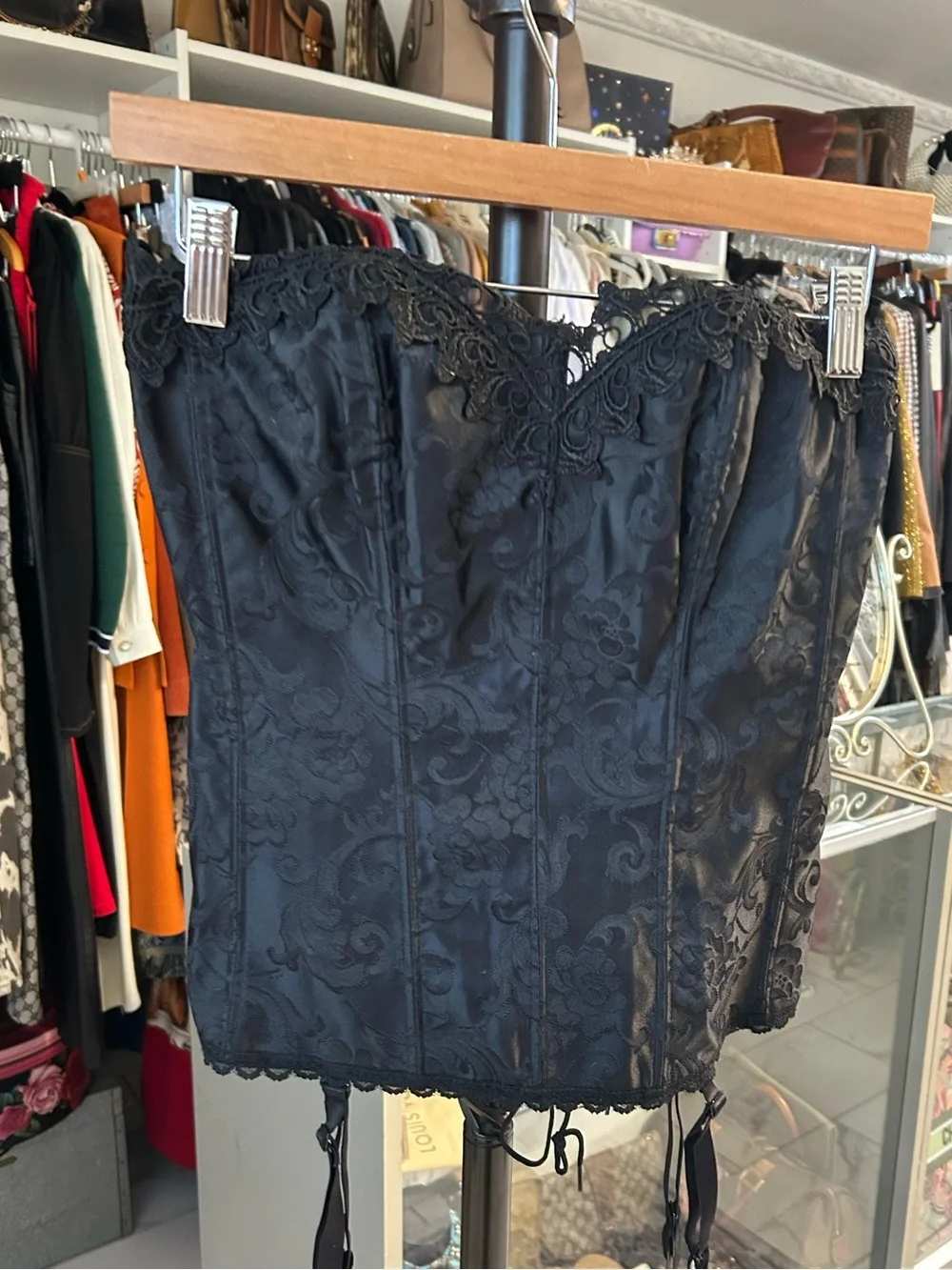 Frederick's of Hollywood black corset  floral lace trim